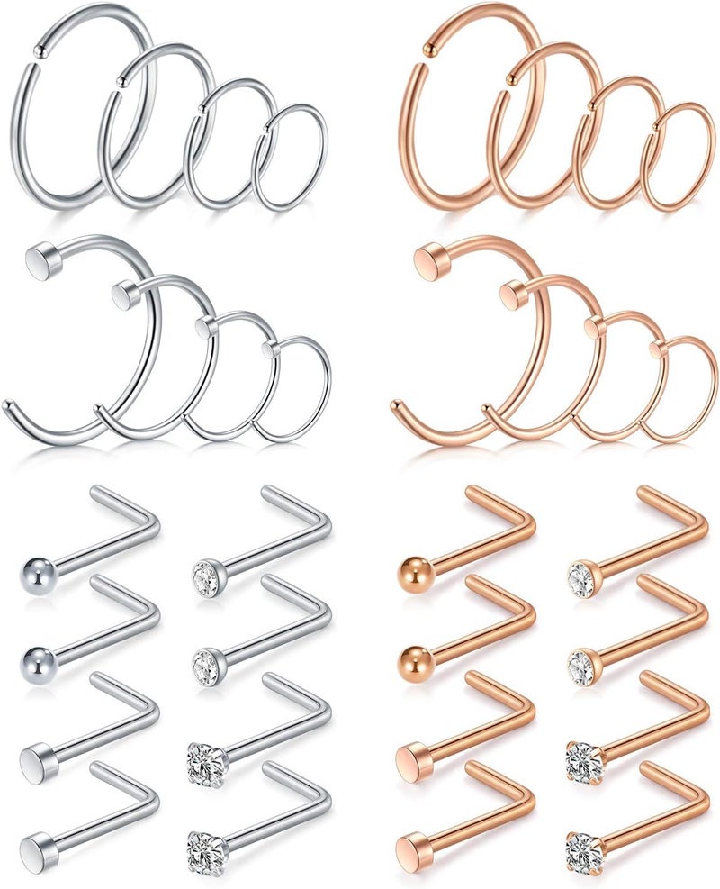 Mayhoop 20g Nose Rings Hoops And Studs For Women Men - Hypoallergenic 316L Surgical Stainless Steel L Shape Nose Screw Bone Silver Rose Gold Black Rainbow Pack 28Pcs - Image 1